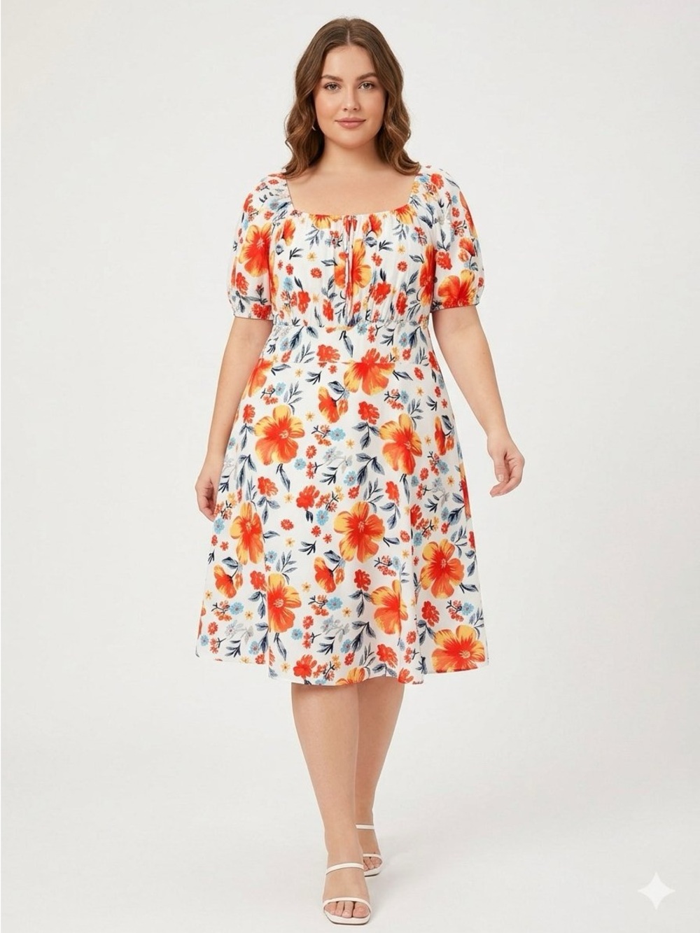 SHEIN White Dress with Red-Orange Floral Print